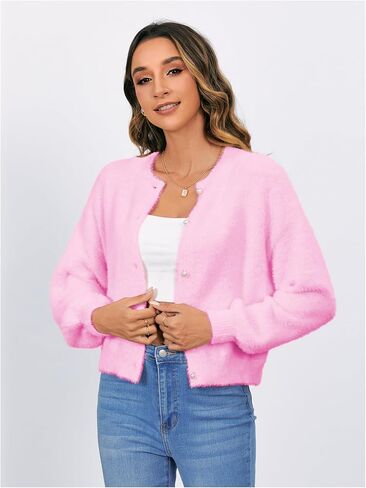 Verdusa Women's Button Front Drop Shoulder Long Sleeve Furry Knit Cardigan Sweater Top in Kuwait