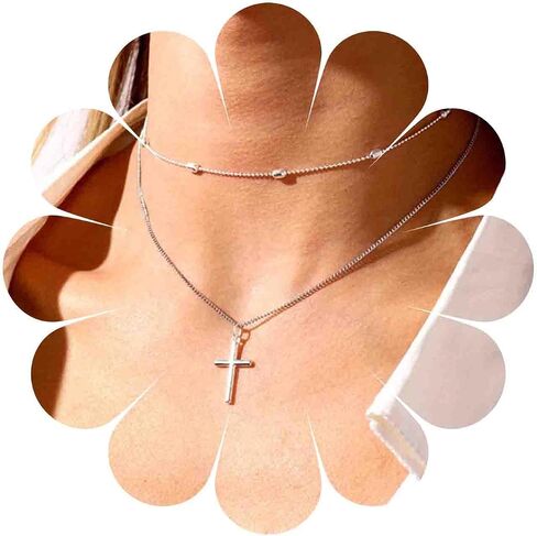 Boho Layered Cross Choker Necklace Gold Cross Pendant Necklace Ball Satellite Chain Necklace Vintage Double Layer Necklace Chain Jewelry for Women and Girls Gift in Saudi Arabia