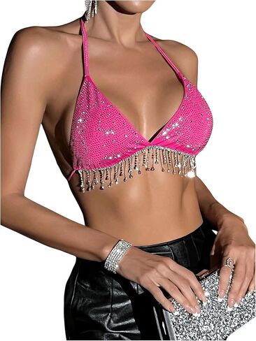 SHENHE Women's Sexy Sequin Halter Backless Rhinestone Fringe Glitter Party Club Crop Top in Kuwait