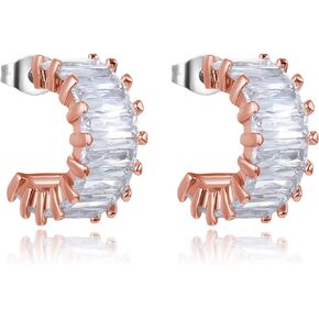 Gold Plated Emerald Cut Cubic Zirconia Half Hoop Earrings, Split Hoop Huggie Earrings for Women