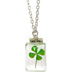 Dried Leaves Lucky 4-Leaf Clover Sunflower Pendant Necklace St. Patrick's Day Square round Glass Love and Luck Plant Jewelry for Women Girls Gift