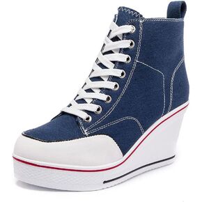 Mei MACLEOD High Heel Sneakers for Women Wedge Heel Sneaker with Side Zipper Casual Lace Up Canvas Shoes for College Students