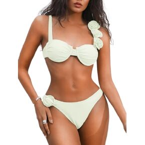 Kaei&Shi Sexy Balconette Bikini, 3D Rose, Underwire, High Cut, Thong Bottom