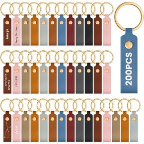 Wavyknot 200 Pack Personalized Leather Keychain Leather Kit PU Leather Keychain Blanks with Key Rings and Rivets Key Chain Blanks for DIY Craft Laser Engraving Keychain Making Leather Working