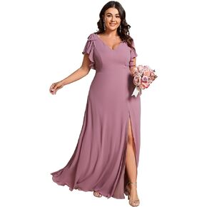 Ever-Pretty Plus Women's Bowknot Ruffle Sleeves Chiffon V Neck A Line Bridesmaid Dresses 02080-DA