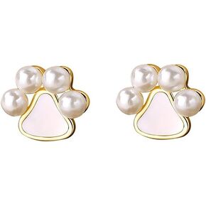 Cute Cat Puppy Paw Print Cartilage Tiny Stud Earrings for Women Teen Girls 925 Sterling Silver Faux Pearl Dog Kitten Animal Pet Sleeper Studs Earring Elegant Birthday Christmas Jewelry Gifts Hypoallergenic