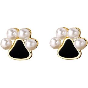 Cute Cat Puppy Paw Print Cartilage Tiny Stud Earrings for Women Teen Girls 925 Sterling Silver Faux Pearl Dog Kitten Animal Pet Sleeper Studs Earring Elegant Birthday Christmas Jewelry Gifts Hypoallergenic