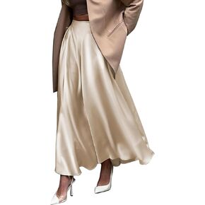 Womens Satin High Waist Elastic Midi Skirt Satin Maxi Skirt Silk Elegant Long Trendy A-Line Midi Skirts