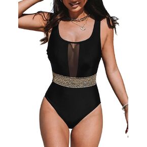 CUPSHE Women's One Piece Swimsuit Mesh Tummy Control Slimming Bathing Suit Back Crisscross Swimwear
