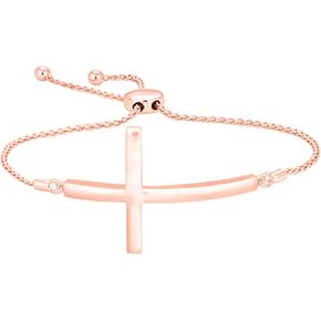 Shineadime Horizontal Cross Bolo Adjustable Bracelet in 14K Gold Over 925 Sterling Silver For Womens Girls 7" Inch