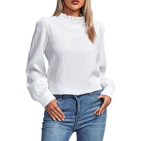 OPOIPIN Women's Pleated Mock Neck Frill Trim Long Sleeve Work Casual Blouse Shirt Top