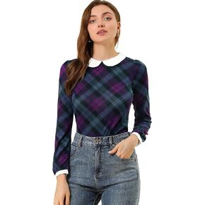 Allegra K Women's Peter Pan Collar Contrast Puff Sleeve Christmas Xmas Party Shirt Blouse