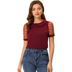 Allegra K Women's Peter Pan Collar Top Puff Short Sleeve Vintage Polka Dots Mesh Sleeve Blouse