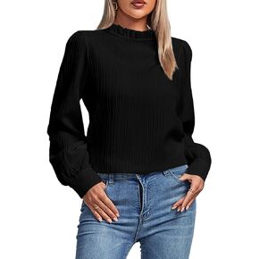 OPOIPIN Women's Pleated Mock Neck Frill Trim Long Sleeve Work Casual Blouse Shirt Top