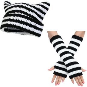 Lafaguw Y2k Beanie Hats for Women, Cute Knitted Striped Arm Warmers Leg Warmers 80s Crochet Cat Ear Beanie Grunge Accessories