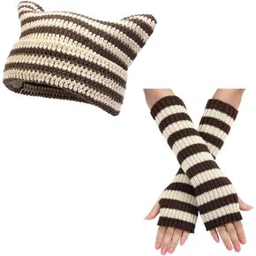 Lafaguw Y2k Beanie Hats for Women, Cute Knitted Striped Arm Warmers Leg Warmers 80s Crochet Cat Ear Beanie Grunge Accessories