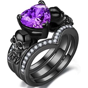 Gothic Skull Black Rings Set Women Rose Flower Red Purple Heart Love Zircon Crystal Christmas Anniversary Engagement Mother's Day Gift Cocktail Party Biker Jewelry