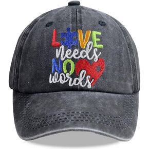 Love Needs No Words Hat, Love Heart Autism Puzzle Graphic Baseball Cap, Adjustable Embroidered Wash Cotton Autistic Hats