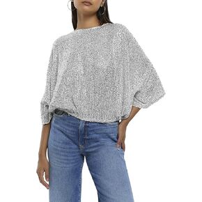 Women Sequin Top, 3/4 Sleeve Sequin Shirt Glitter Party Disco Sparkle Top Blouse for Party Club Concert