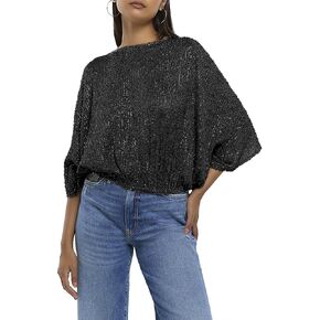Women Sequin Top, 3/4 Sleeve Sequin Shirt Glitter Party Disco Sparkle Top Blouse for Party Club Concert