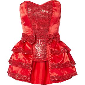 Women's Red Satin & Sequin Steel Boned Corset W/Removable Snap Skirt