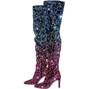richealnini Sparkle Sequins Thigh High Boots Sexy Pointed Toe Stretchy Over the Knee High Boots Side Zip Up Stiletto Heel Nightclub Dance Shoes