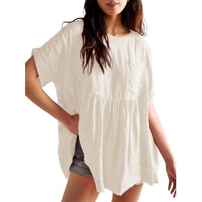 Tankaneo Womens Summer Babydoll Tops Short Sleeve Crew Neck Tunic T Shirts Cute Swing Mini Dress