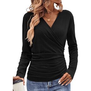 Womens V Neck Long Sleeve Shirts Sexy Wrap Ruched Tops Cute Fitted T Shirts 2024