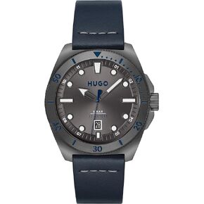 HUGO #Visit Men's Quartz Stainless Steel Case and Leather Strap Watch, Color: Blue (Model: 1530302)