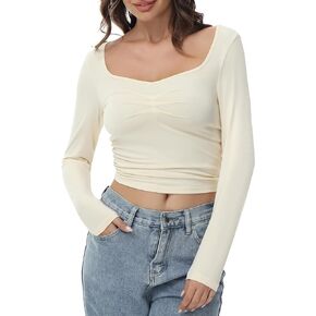 Long Sleeve Crop Top Slim Sexy Ribbed Fitted Cotton Cropped Shirts Women's Sweetheart Neck Basics for Daily Casual Wear