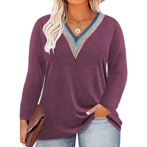 ROSRISS Womens Plus Size Tops Lace V Neck Long Sleeve Shirts