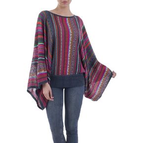 سترة NOVICA Artisan المصنوعة يدويًا بأكمام كيمونو مخططة ملونة من مزيج صوف الألبكة من بيرو "Fiesta Dance"