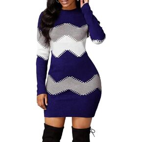 PEHMEA Women's Striped Mini Bodycon Sweater Dress Long Sleeve Knitted Slim Fit Pullover Dress