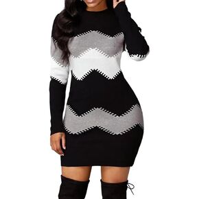 PEHMEA Women's Striped Mini Bodycon Sweater Dress Long Sleeve Knitted Slim Fit Pullover Dress