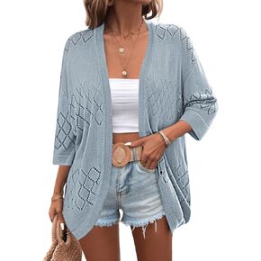 Zeagoo Womens 2024 Lightweight Crochet Cardigan Sweaters Open Front 3/4 Sleeve Knit Kimono Summer Boho Cover Up