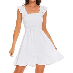 ROYLAMP Women's Smocked Dresses Square Neck Elegant Tiered Boho Ruffle Shoulder Swing Flowy Summer Casual Mini Dress