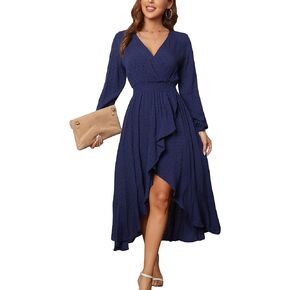 Kormei Women V Neck High Low Flowy Boho Dots Long Sleeve Party Long Maxi Dress