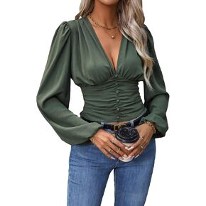 GORGLITTER Women's Ruched Deep V Neck Button Front Smock Lantern Sleeve Crop Top Blouses