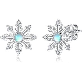Sterling Silver Snowflake Stud Earrings - Moonstone Snow Hypoallergenic Earrings with CZ Christmas Winter Holiday Jewelry Gift for Women Snow Lovers