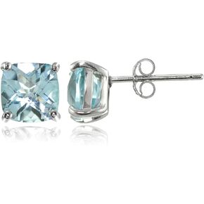Sterling Silver 7mm Cushion-Cut Gemstones Stud Earrings, Choice of Colors