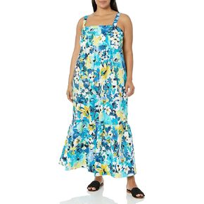 London Times Women's Cotton Smocked Back Babydoll Tiered Maxi Dress