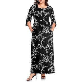 TAOHUADAO Women's Summer Plus Size Dresses Square Neck Ruffle 3/4 Sleeve Casual Maxi Dress