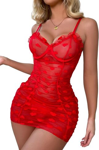 Lilosy Sexy Heart Underwire Ruched Ruffle Babydoll Chemise Nightwear Women Mesh sheer Nightgown See Through Slip NightDress Lingerie with Thong Red Medium in Saudi Arabia