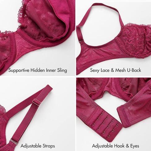 DELIMIRA Women's Balconette Bra Push Up Underwire Unlined Sexy See Through Bras Plus Size in Saudi Arabia