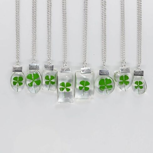 Dried Leaves Lucky 4-Leaf Clover Sunflower Pendant Necklace St. Patrick's Day Square round Glass Love and Luck Plant Jewelry for Women Girls Gift in Kuwait