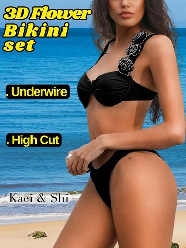 Kaei&Shi Sexy Balconette Bikini, 3D Rose, Underwire, High Cut, Thong Bottom in Saudi Arabia