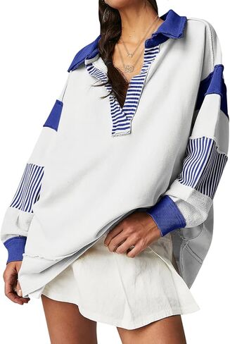 Dokuritu Sweatshirt Dress Women Lapel Collared Polo Shirts Pullover Tops Color Block Striped Long Sleeve Oversized Sweatshirt in Kuwait