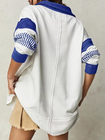 Dokuritu Sweatshirt Dress Women Lapel Collared Polo Shirts Pullover Tops Color Block Striped Long Sleeve Oversized Sweatshirt in Kuwait