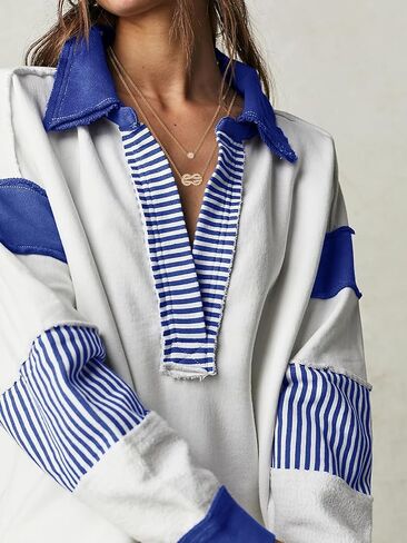Dokuritu Sweatshirt Dress Women Lapel Collared Polo Shirts Pullover Tops Color Block Striped Long Sleeve Oversized Sweatshirt in Kuwait