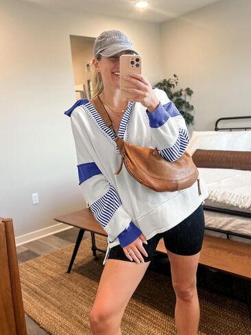 Dokuritu Sweatshirt Dress Women Lapel Collared Polo Shirts Pullover Tops Color Block Striped Long Sleeve Oversized Sweatshirt in Kuwait